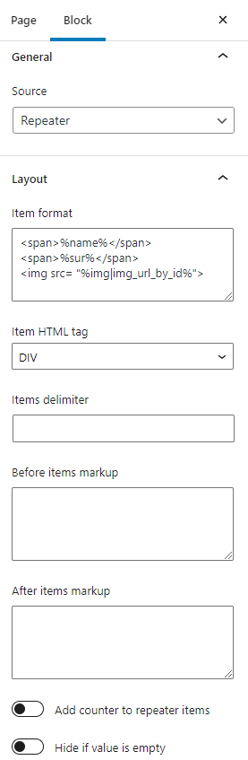 dynamic repeater block settings