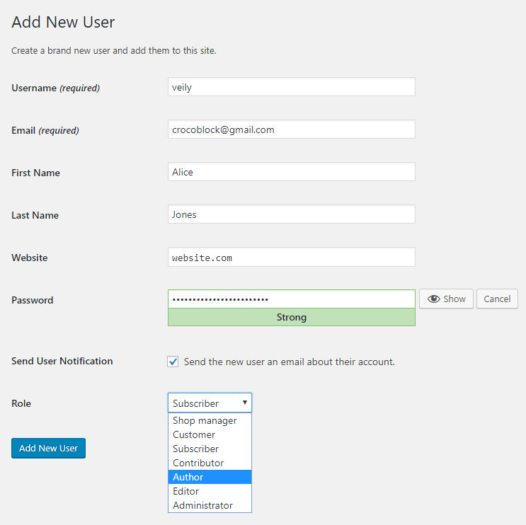 Confirm Password option to send the new user notification