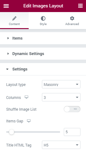 Image Layout settings section