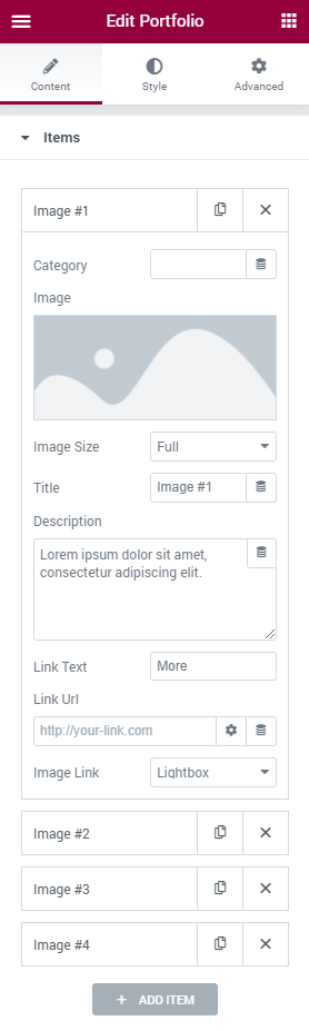 Portfolio single item settings