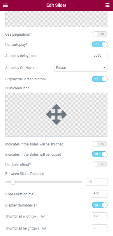 Slider widget settings