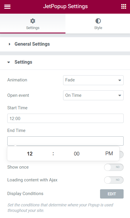 open event on time for the popup