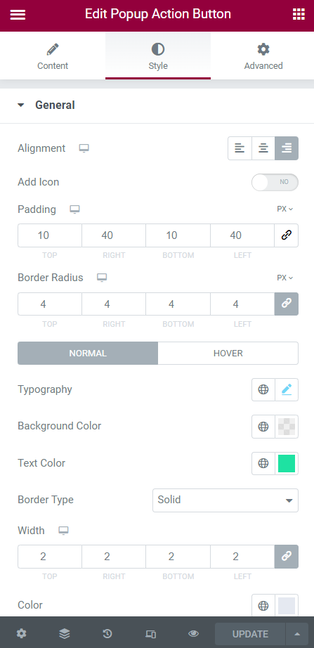 popup action button style settings