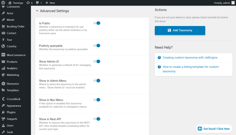 advanced settings of the jetengine custom taxonomy