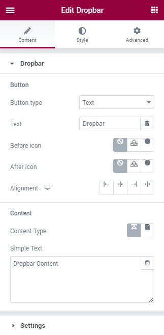 Dropbar settings