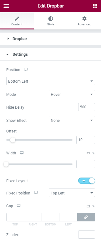 Dropbar settings