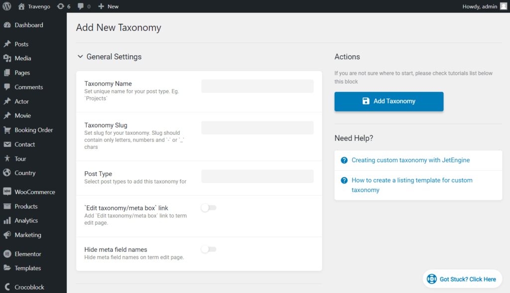 general settings of the jetengine custom taxonomy