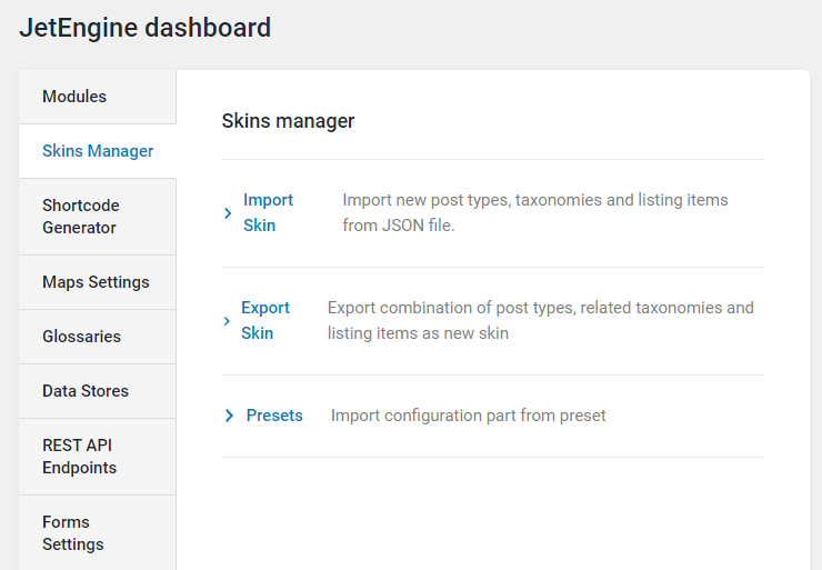 JetEngine skins manager