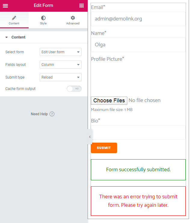 form widget settings
