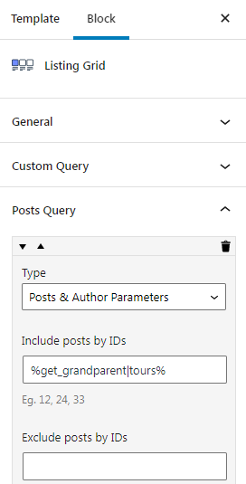 grandparent macro in the listing grid block in the Gutenberg editor