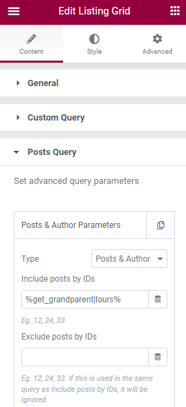grandparent macro in the listing grid widget in the elementor editor