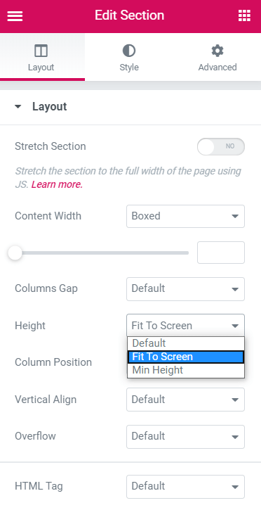 fit to screen option of height row in section settings