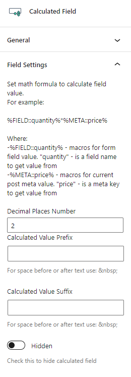 calculated field settings