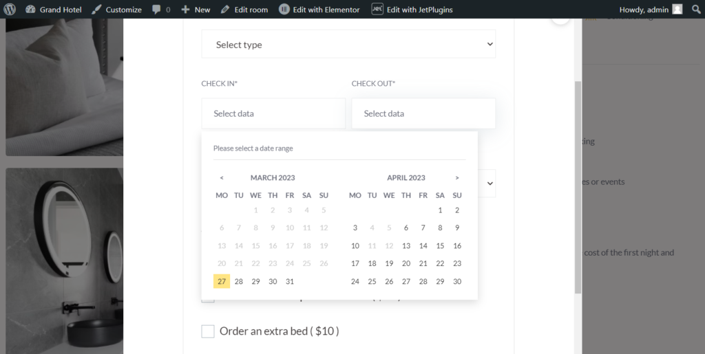 unavailable days for booking on the front end