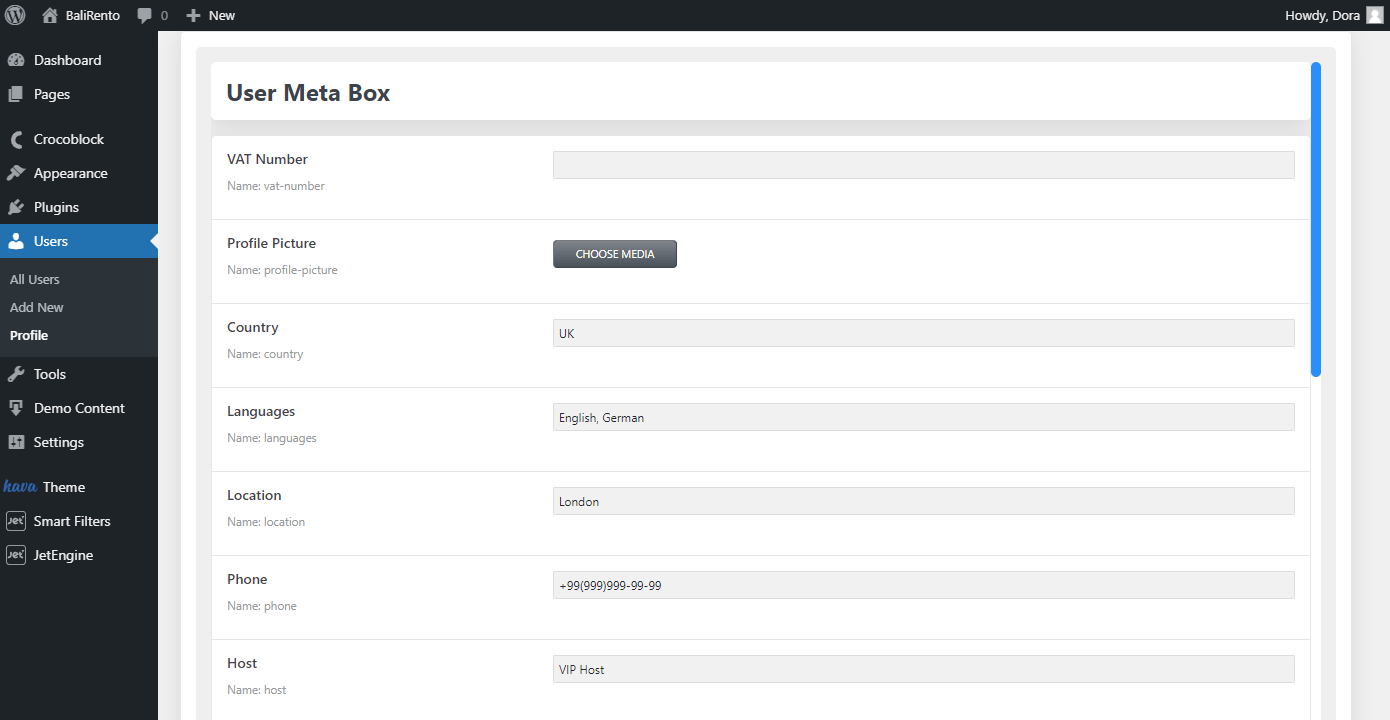 user profile custom meta box