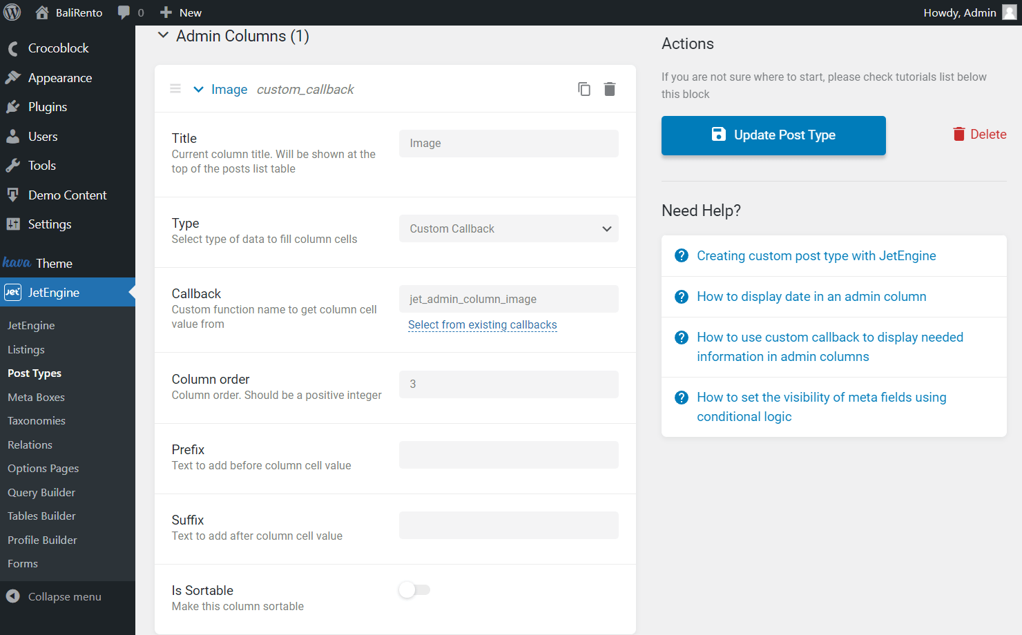 post type admin column custom callback