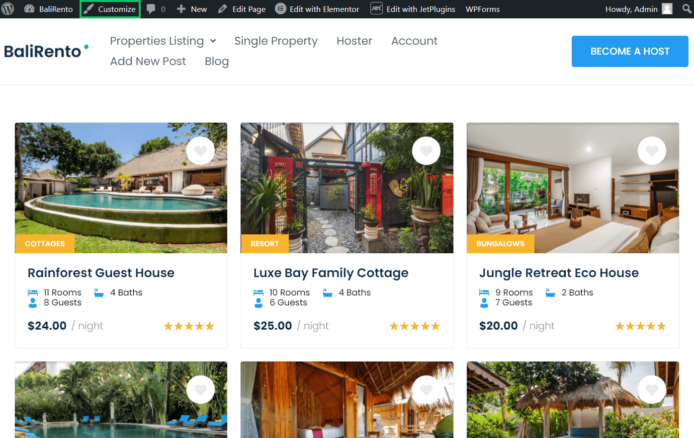 page on the front end customize button