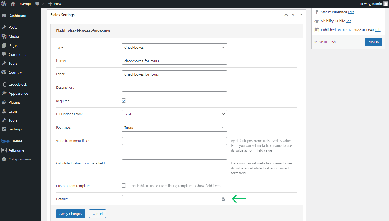 checkboxes dynamic tags for the default value