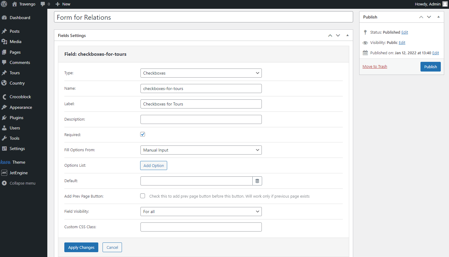 checkboxes for tours field settings