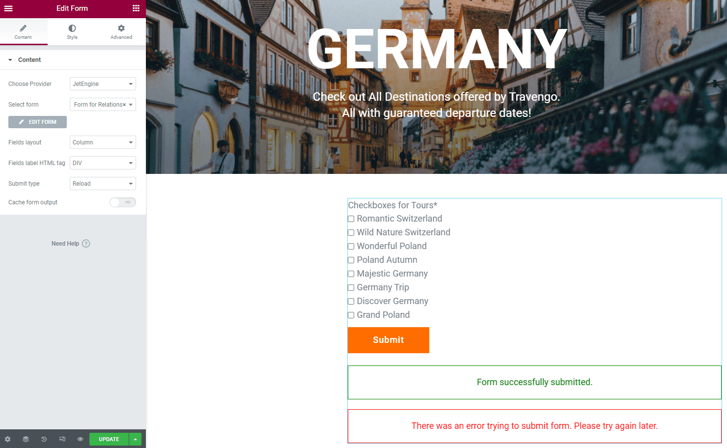 child object options form in elementor