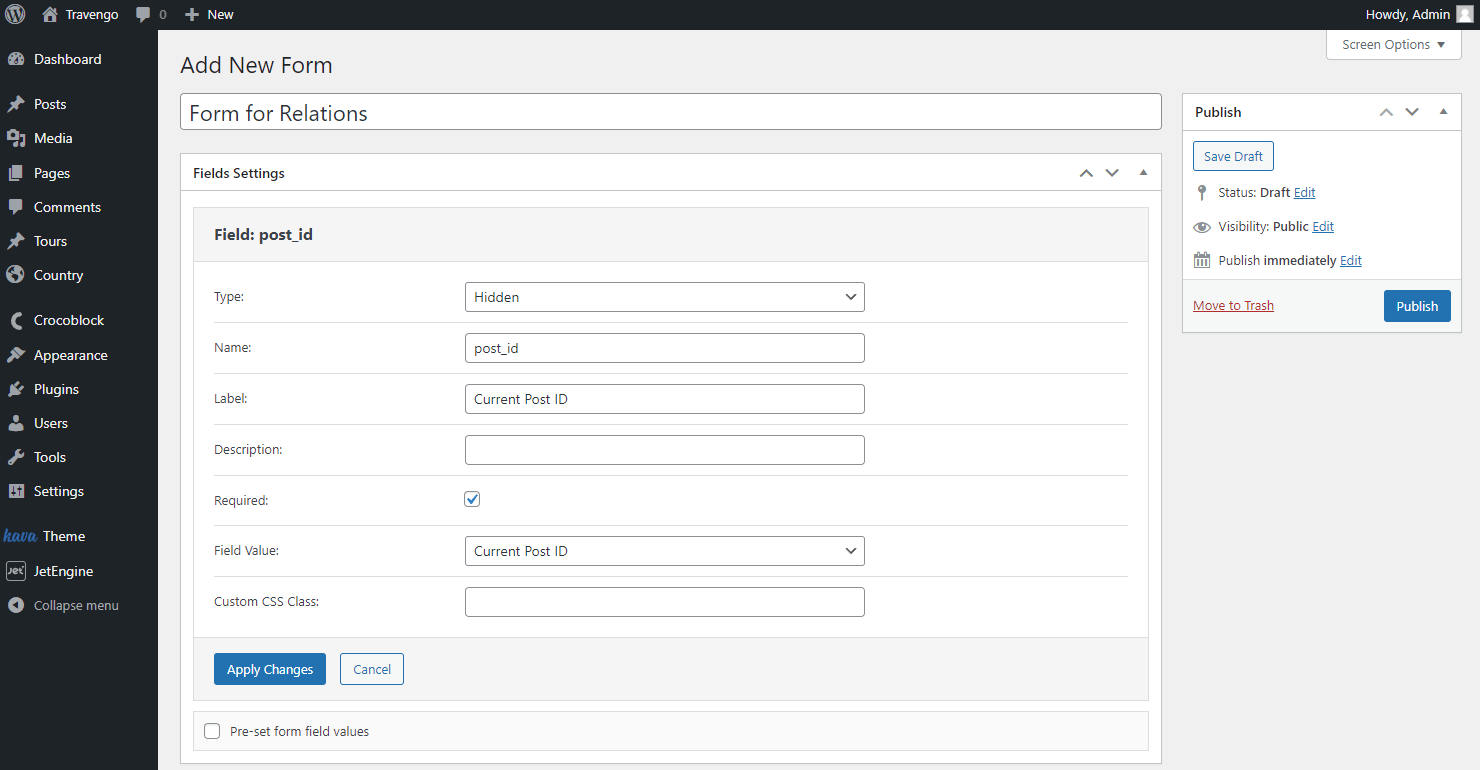 form for relations hidden field settings