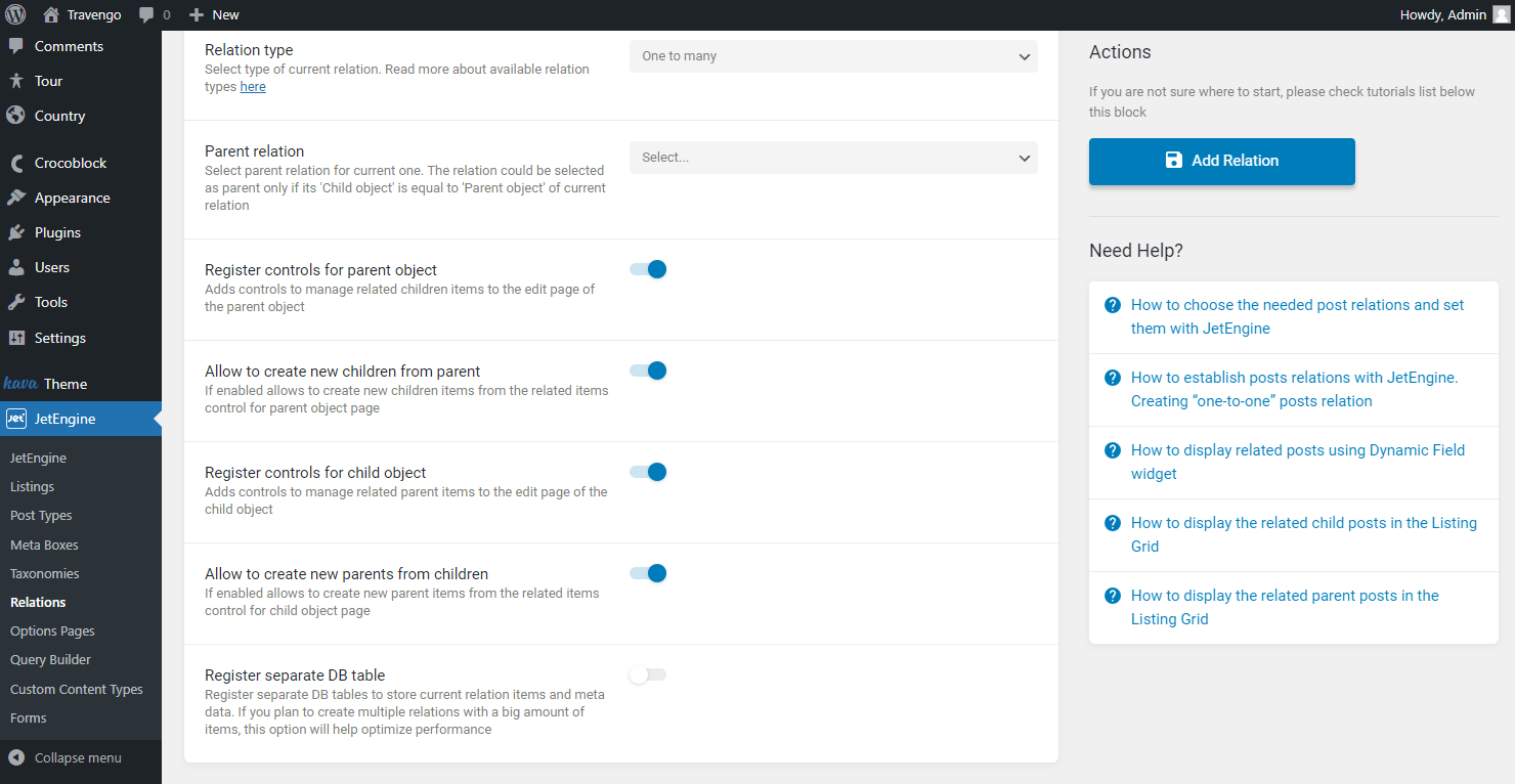 registering controls for wordpress relationship