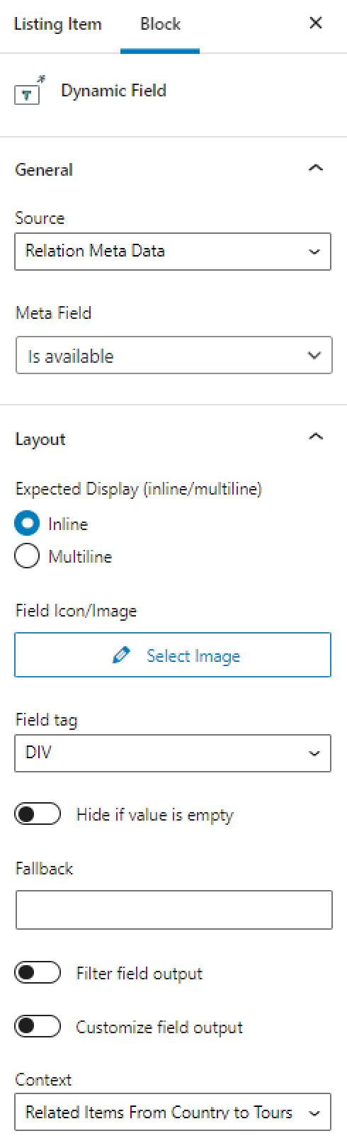 dynamic field block with the relation meta data source