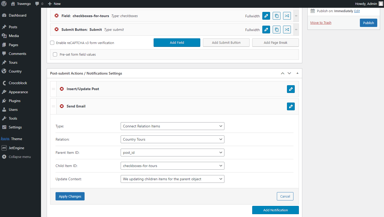 connect relation items post submit action
