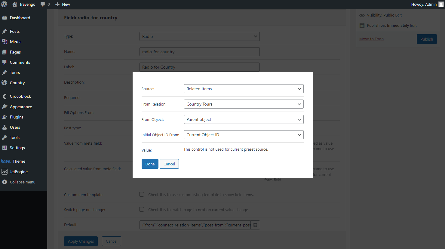 radio default dynamic tags pop-up