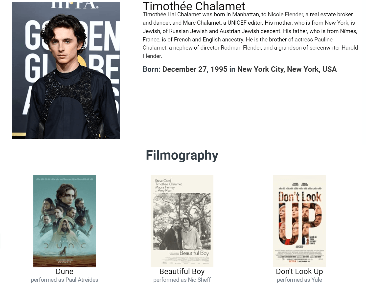 single page for the actors