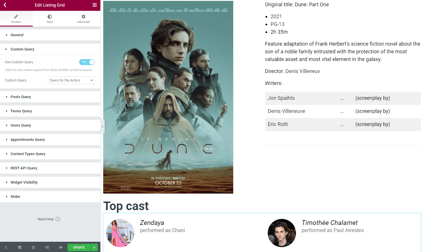 single page for movies