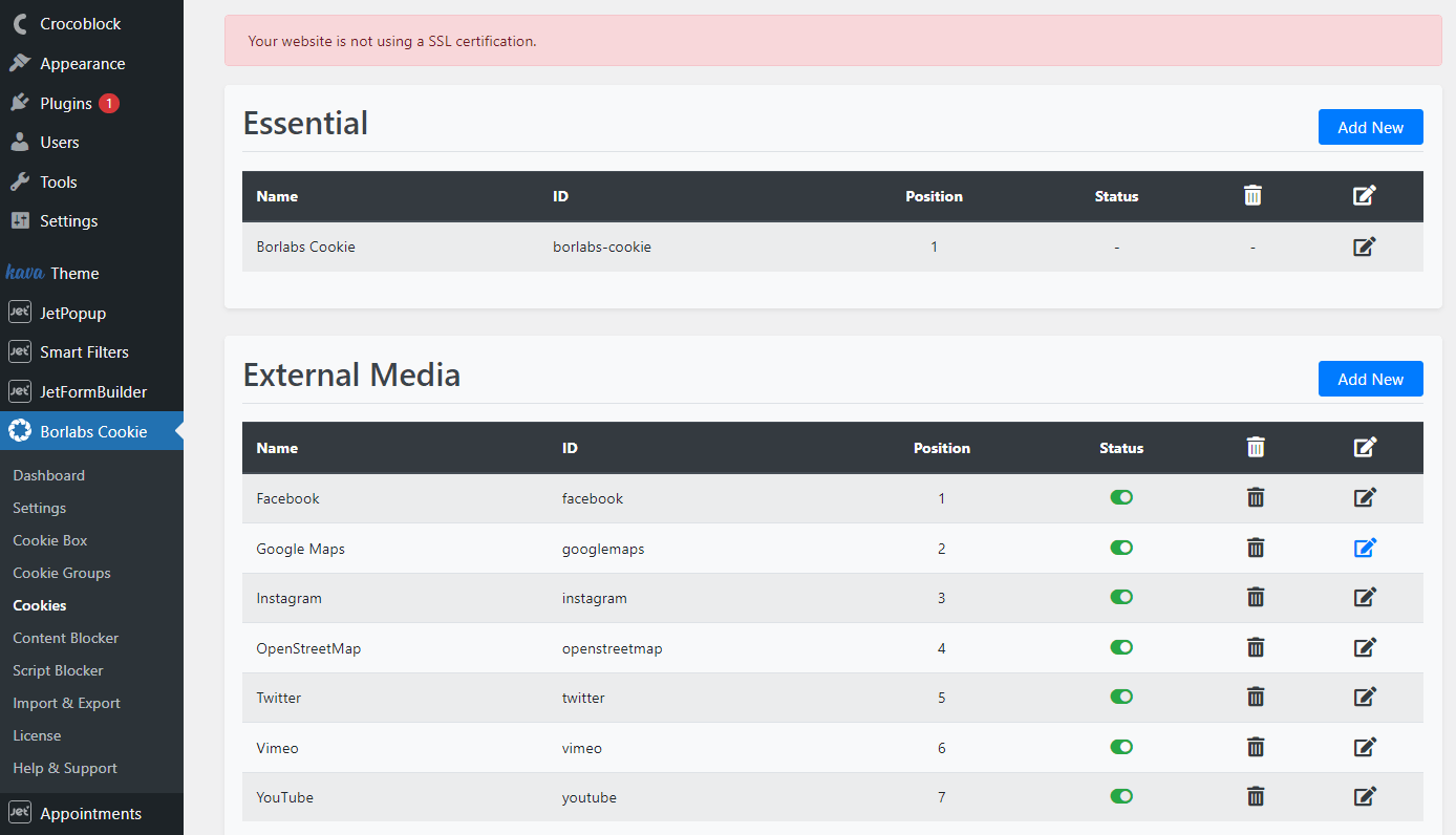 external media section in the cookies tab