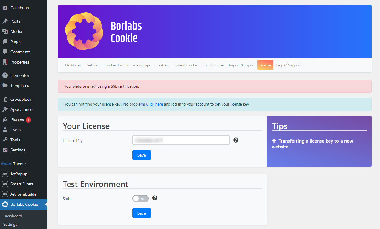 borlabs cookie license tab