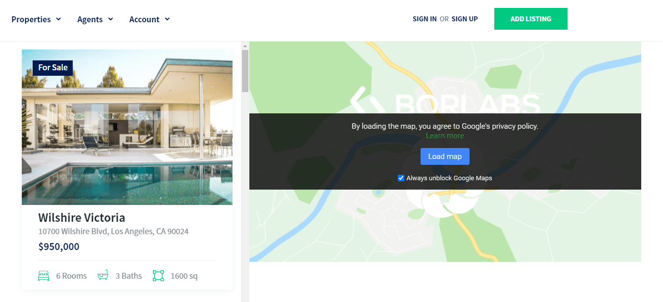 content blocker on the frontend map listing
