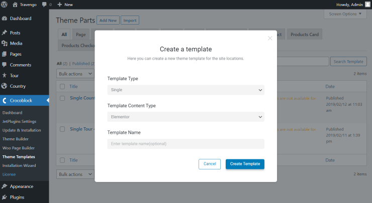 template creation window