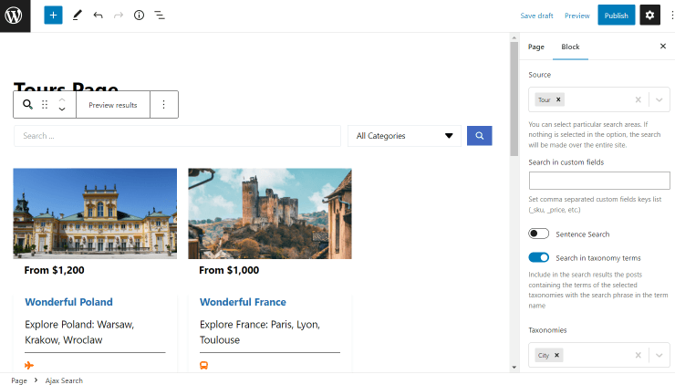 search in taxonomy terms activated in gutenberg
