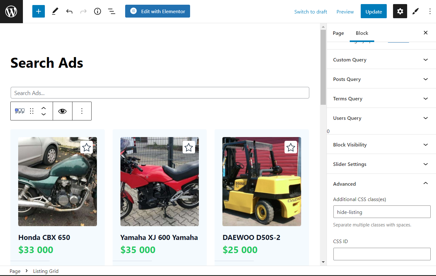 listing grid additional css class