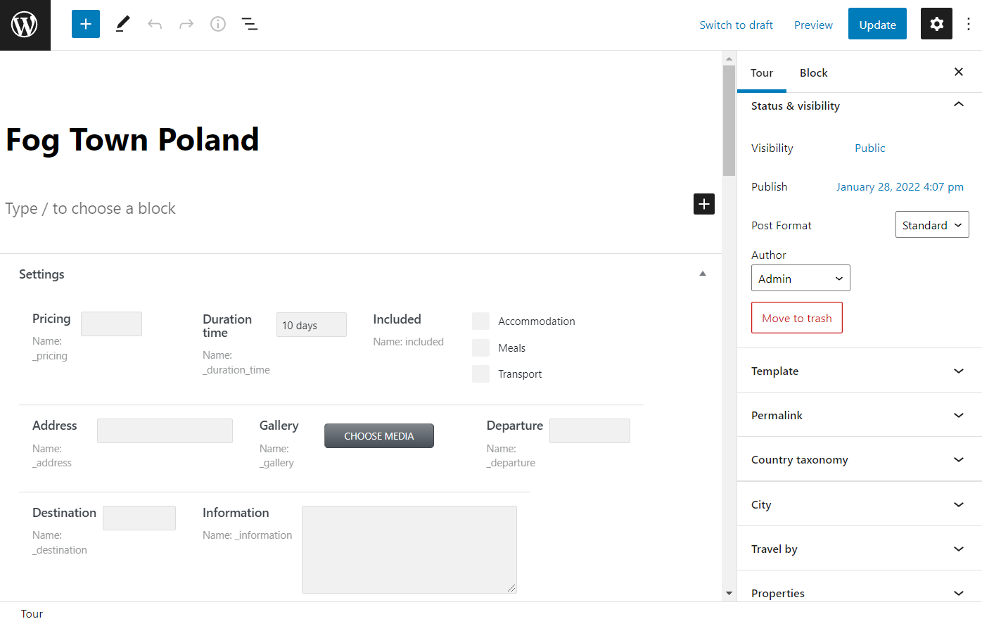 text field in the new post