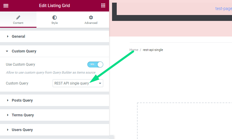 custom query selected in elementor