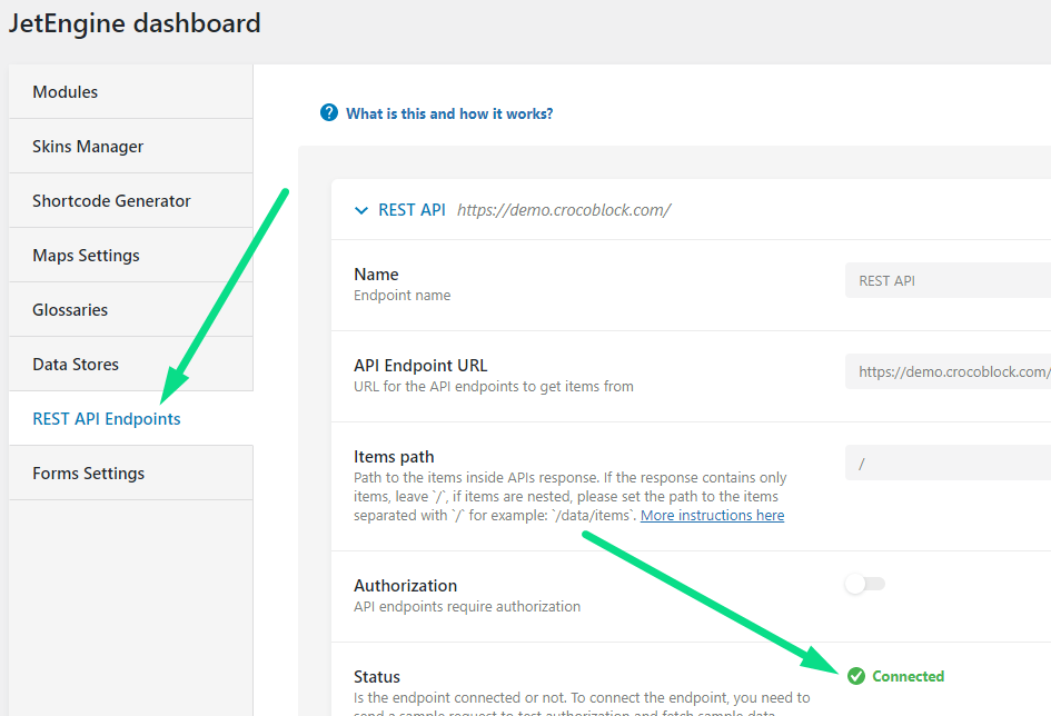 rest api endpoints connected