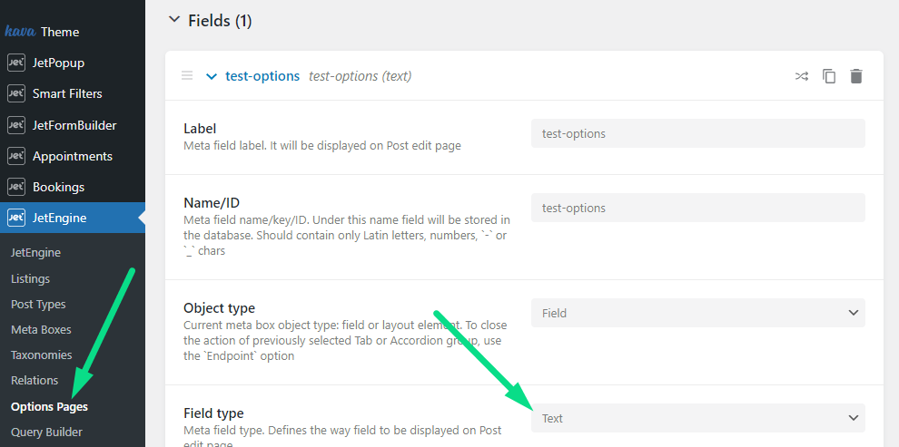 text field in the options pages settings