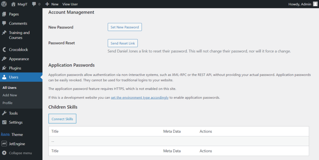 add skills to user section