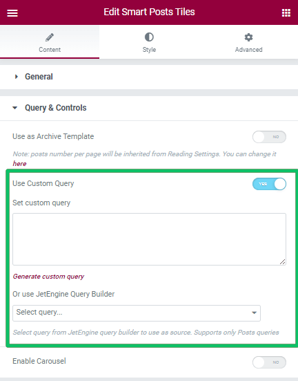 archive templates settings of smart posts tiles widget