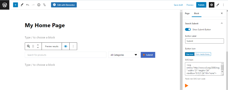 search submit tab in gutenberg