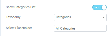 show categories list of ajax search widgets for elementor