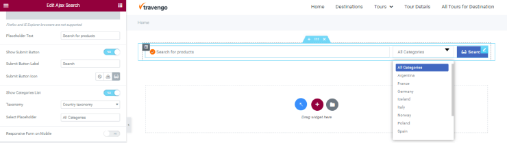 ajax search for taxonomy editing in elementor