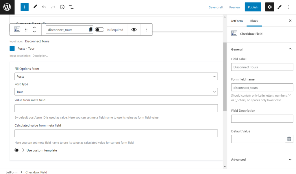 checkbox field settings