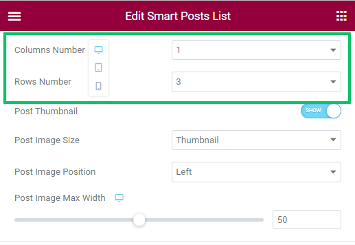 columns and rows number settings