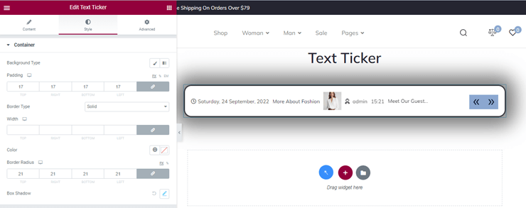 container settings of text ticker widget