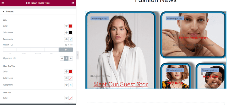 content settings of smart posts tiles widget